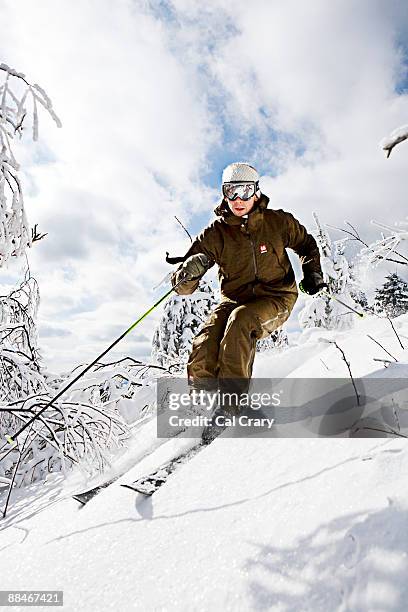 skier ripping through the woods in fresh powder - vermont stock pictures, royalty-free photos & images