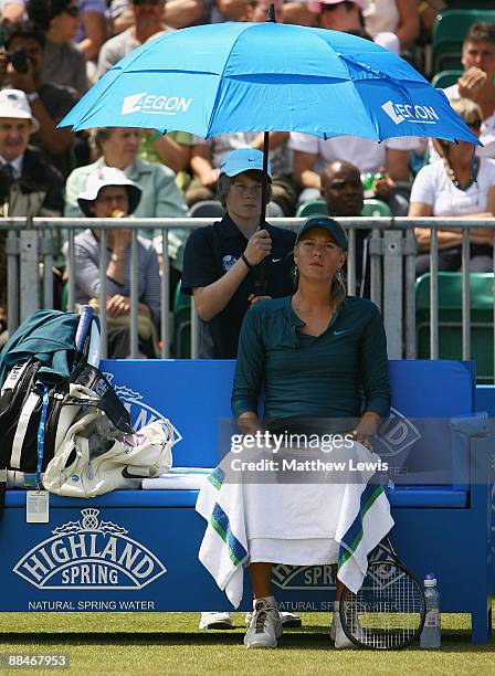 Maria Sharapova of Russia looks on, during her game against Na Li of China during day Six of the AEGON Classic at the Edgbaston Priory Club on June...