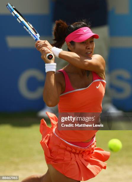 Na Li of China in action against Maria Sharapova of Russia during day Six of the AEGON Classic at the Edgbaston Priory Club on June 13, 2009 in...