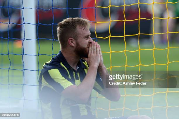 Connor Pain of the Mariners reacts to a near miss at goal during the round nine A-League match between the Central Coast Mariners and Perth Glory at...