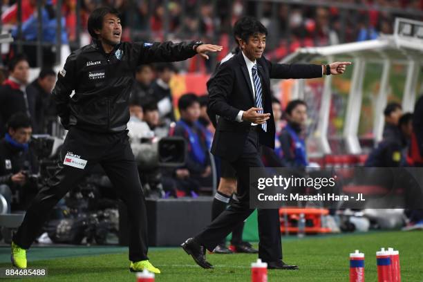 Head coach Masami Ihara of Avispa Fukuoka gestures during the J.League J1 Promotion Play-Off Final between Nagoya Grampus and Avispa Fukuoka at...