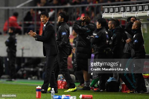 Head coach Masami Ihara of Avispa Fukuoka looks on during the J.League J1 Promotion Play-Off Final between Nagoya Grampus and Avispa Fukuoka at...