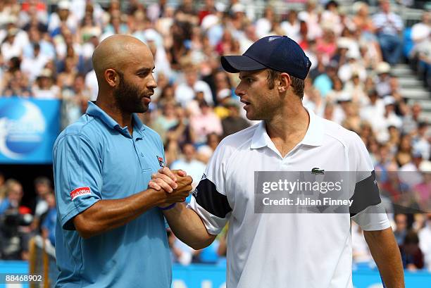 Andy Roddick of USA retires during the men's semi final match against James Blake of USA during Day 6 of the the AEGON Championship at Queens Club on...