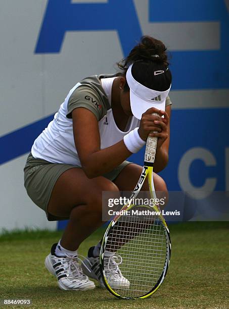 Sania Mirza of India looks on against Magdalena Rybarikova of Slovakia during day Six of the AEGON Classic at the Edgbaston Priory Club on June 13,...