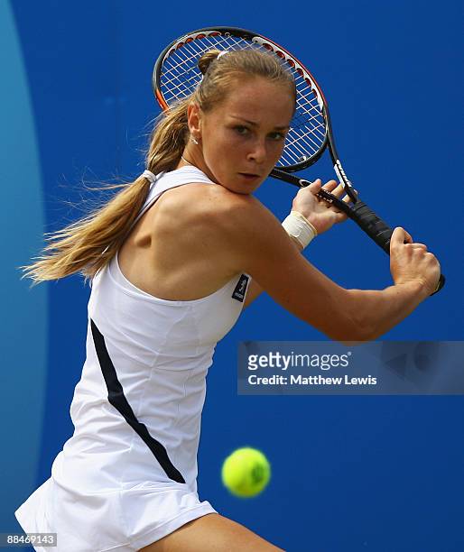 Magdalena Rybarikova of Slovakia in action against Sania Mirza of India during day Six of the AEGON Classic at the Edgbaston Priory Club on June 13,...