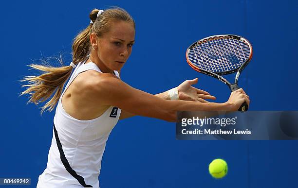 Magdalena Rybarikova of Slovakia in action against Sania Mirza of India during day Six of the AEGON Classic at the Edgbaston Priory Club on June 13,...