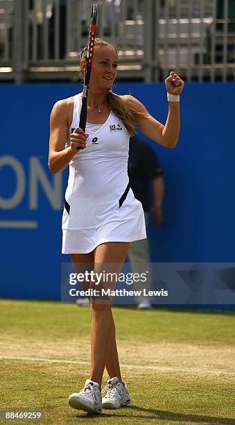 Magdalena Rybarikova of Slovakia celebrates her win against Sania Mirza of India during day Six of the AEGON Classic at the Edgbaston Priory Club on...