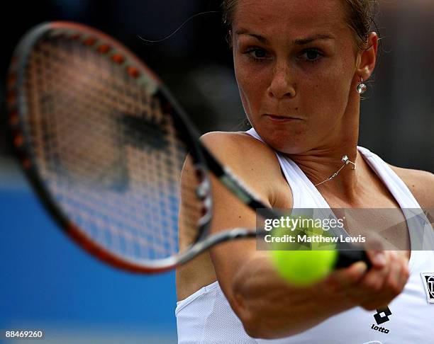 Magdalena Rybarikova of Slovakia in action against Sania Mirza of India during day Six of the AEGON Classic at the Edgbaston Priory Club on June 13,...