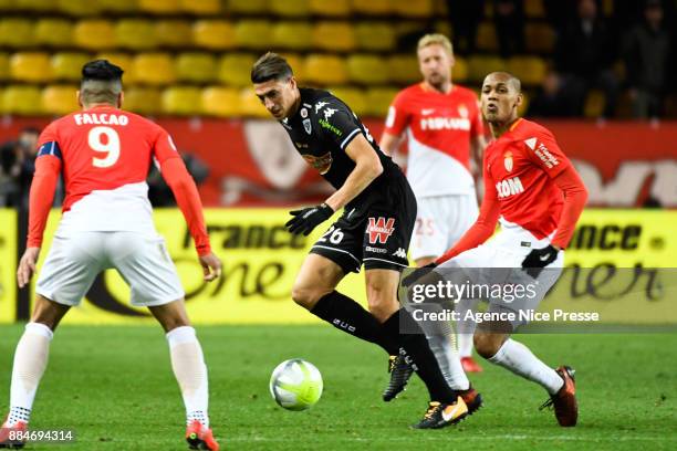 Mehdi Jean Tahrat of Angers and Fabinho of Monaco during the Ligue 1 match between AS Monaco and Angers SCO at Stade Louis II on December 2, 2017 in...