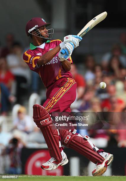 Lendl Simmons of West Indies hits out during the ICC World Twenty20 Super Eights match between South Africa and West Indies at The Brit Oval on June...
