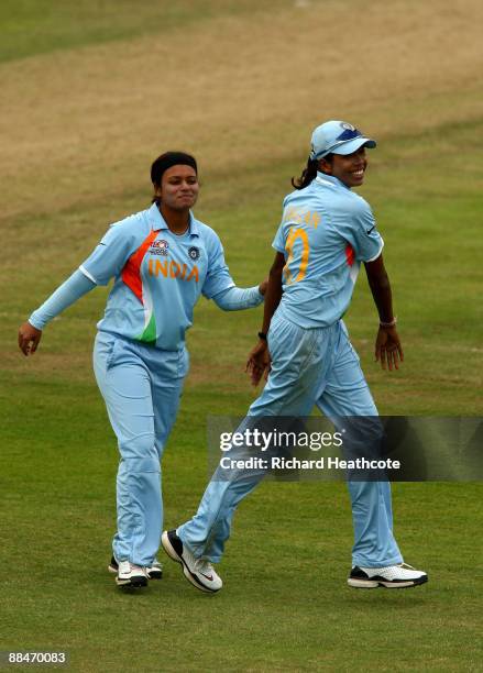 Priyanka Roy of India celebrates taking the wicket of Armaan Khan of Pakistan with Indian captain Jhulan Goswami during the ICC Women's Twenty20...