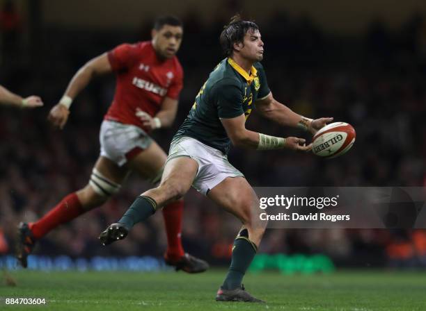 Francois Venter of South Africa passes the ball during the rugby union international match between Wales and South Africa at the Principality Stadium...