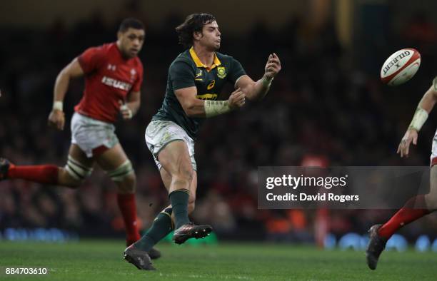 Francois Venter of South Africa passes the ball during the rugby union international match between Wales and South Africa at the Principality Stadium...