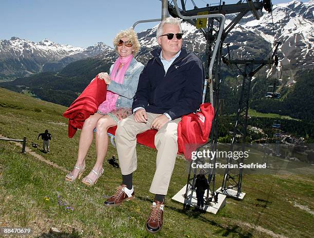 Sabine Becker-Schorp, sister of Boris Becker and husband Matthias Schorp arrive on a ski lift to the wedding brunch reception, on June 13, 2009 in St...