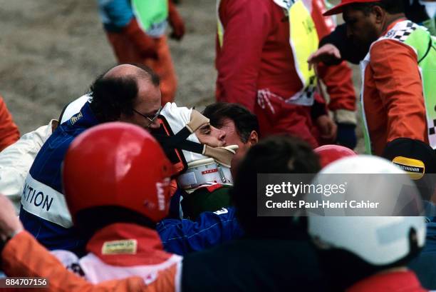 Alex Zanardi, Grand Prix of Belgium, Circuit de Spa-Francorchamps, 29 August 1993. Alex Zanardi being transported after a massive high speed crash...