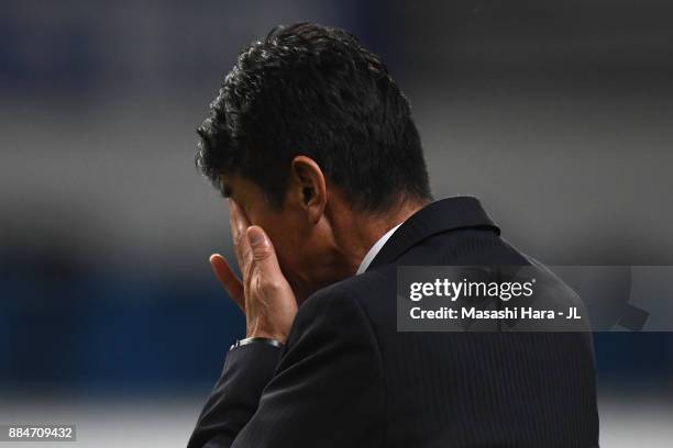 Head coach Masami Ihara of Avispa Fukuoka sheds tears after missing the promotion to the J1 after the J.League J1 Promotion Play-Off Final between...