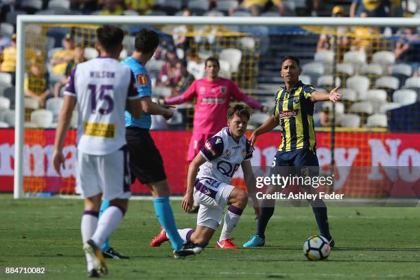 Tom Hiariej of the Mariners questions a decision during the round nine A-League match between the Central Coast Mariners and Perth Glory at Central...