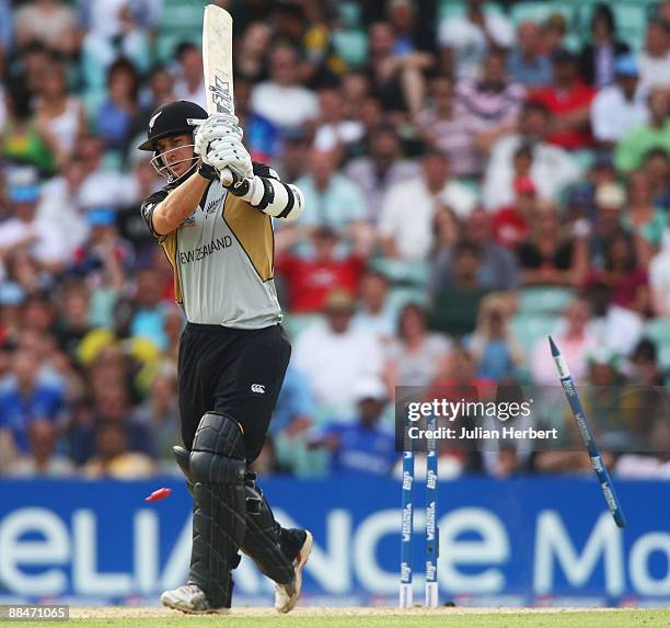 Nathan McCullum of New Zealand is bowled by Umar Gul of Pakistan during the ICC World Twenty20 Super Eights match between New Zealand and Pakistan at...