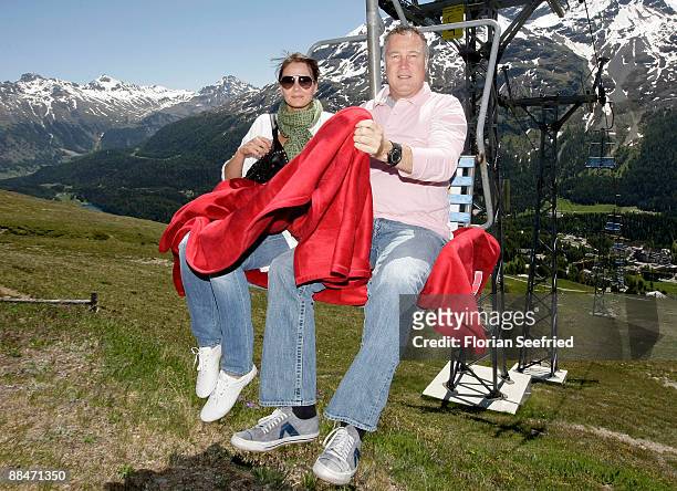 Franziska van Almsick and husband Juergen B. Harder arrive on a ski lift to the wedding brunch reception, on June 13, 2009 in St Moritz, Switzerland....