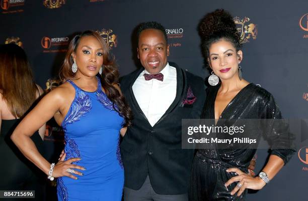 Vivica Fox, Dennis Maliani and Melissa Meister attend Affluent Attache red carpet launch benefiting Los Angeles Children's Hospital at OUE Skyspace...