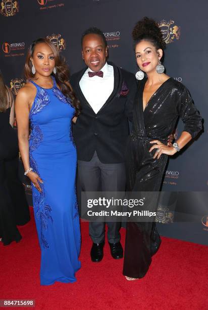 Vivica Fox, Dennis Maliani and Melissa Meister attend Affluent Attache red carpet launch benefiting Los Angeles Children's Hospital at OUE Skyspace...