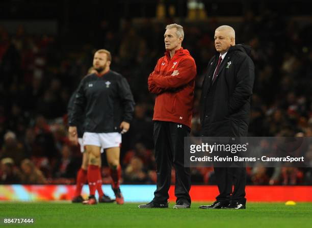 Wales' Head Coach Warren Gatland with assistant Rob Howley during the 2017 Under Armour Series Autumn International match between Wales and South...