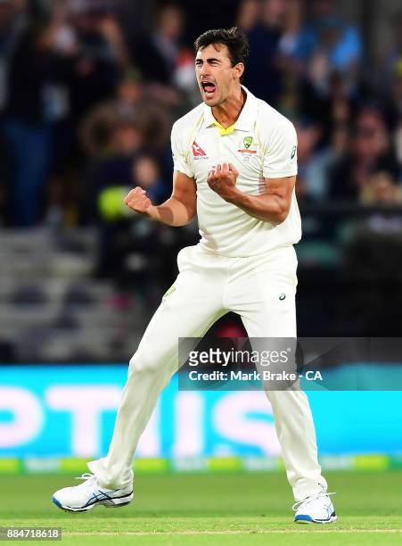 Mitchell Starc of Australia gets the wicket of Mark Stoneman of England LBW during day two of the Second Test match during the 2017/18 Ashes Series...