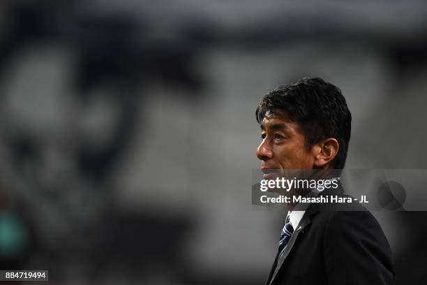 Head coach Masami Ihara of Avispa Fukuoka shows dejection as they missed the promotion after the scoreless draw in the J.League J1 Promotion Play-Off...