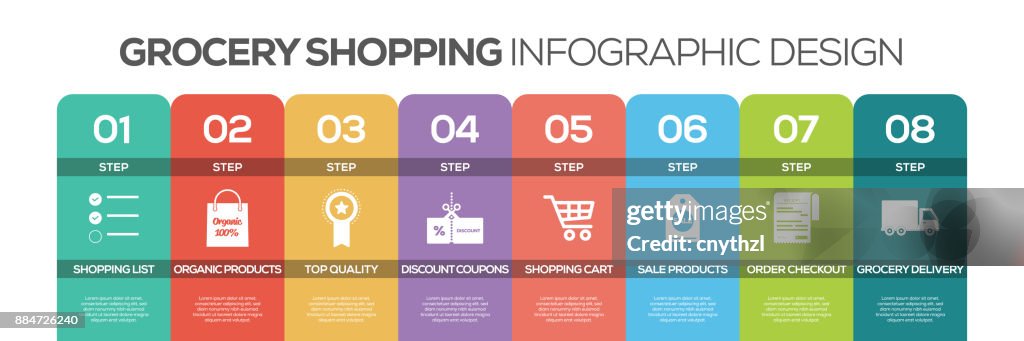 Cronología infografía diseño vectorial con iconos, puede utilizarse para el diseño de flujo de trabajo, diagrama, informe anual y el diseño web. Concepto de compras con 8 opciones, pasos o procesos.