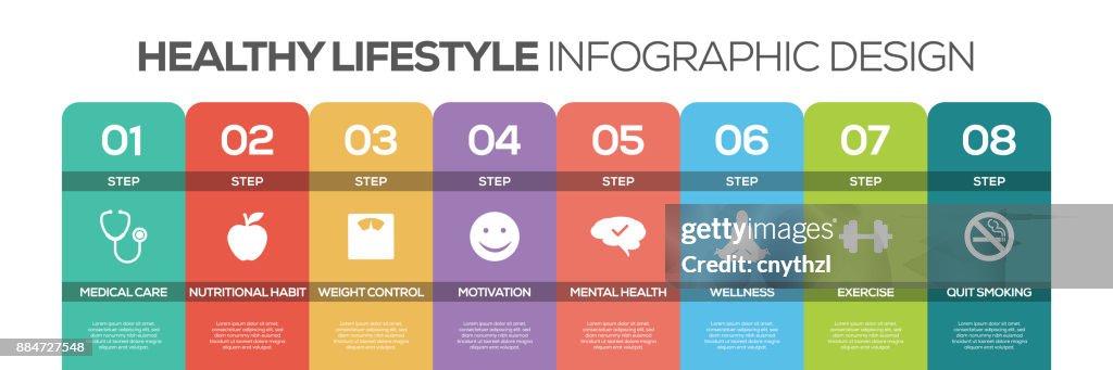 Cronología infografía diseño vectorial con iconos, puede utilizarse para el diseño de flujo de trabajo, diagrama, informe anual y el diseño web. Concepto de estilo de vida saludable con 8 opciones, pasos o procesos.