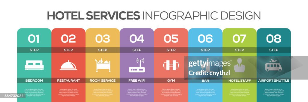 Cronología infografía diseño vectorial con iconos, puede utilizarse para el diseño de flujo de trabajo, diagrama, informe anual y el diseño web. Concepto de servicios de un HOTEL con 8 opciones, pasos o procesos.