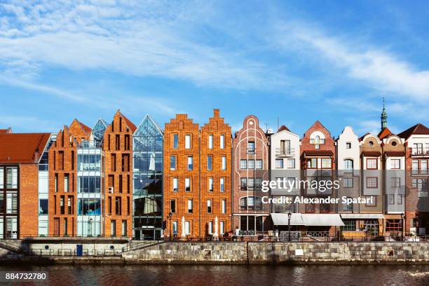 waterfront of motlawa river in gdansk, poland - waterfront stock-fotos und bilder