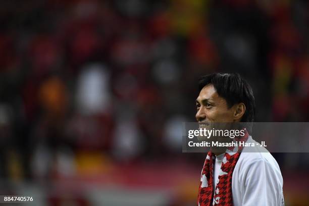 Seigo Narazaki of Nagoya Grampus celebrates his side's promotion to the J1 after the J.League J1 Promotion Play-Off Final between Nagoya Grampus and...