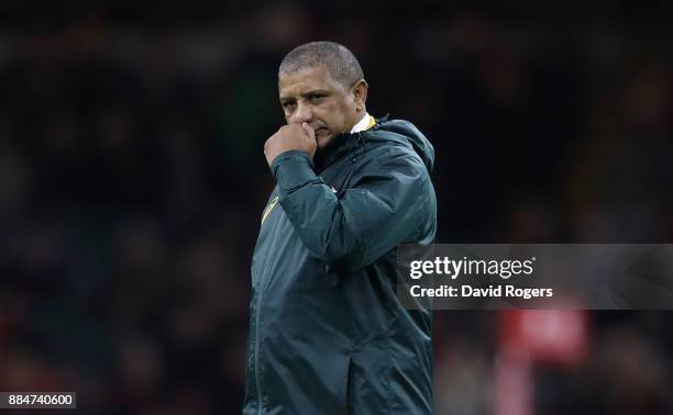 Allister Coetzee, the South Africa Springboks coach looks on in the warm up during the rugby union international match between Wales and South Africa...