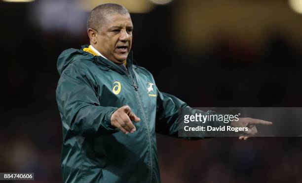 Allister Coetzee, the South Africa Springboks coach looks on in the warm up during the rugby union international match between Wales and South Africa...