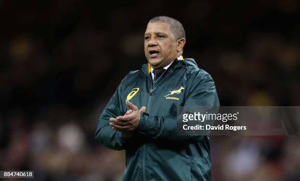 Allister Coetzee, the South Africa Springboks coach looks on in the warm up during the rugby union international match between Wales and South Africa...