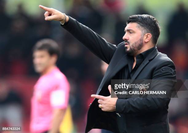 Milan's new coach Gennaro Gattuso gestures during the Italian Serie A football match Benevento Calcio vs AC Milan on December 3, 2017 at the Ciro...
