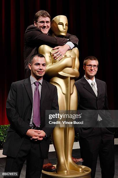 Student filmmakers Joaquin Baldwin from UCLA and Glenn Harmon and Jed Henry from BYU pose prior to the 36th Annual Student Academy Awards at The...