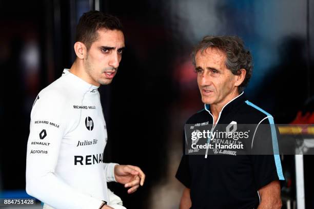 In this handout from FIA Formula E - Sebastien Buemi , Renault e.Dams, Renault Z.E 17, and Alain Prost, Senior Team Manager, Renault e.Dams during...