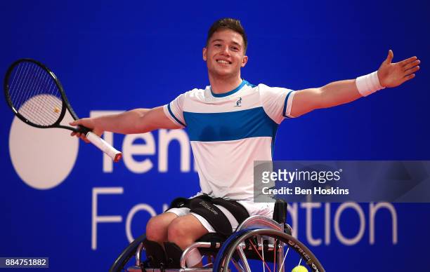 Alfie Hewett of Great Britain celebrates winning the mens final against Gordon Reid of Great Britain on day five of The NEC Wheelchair Tennis Masters...