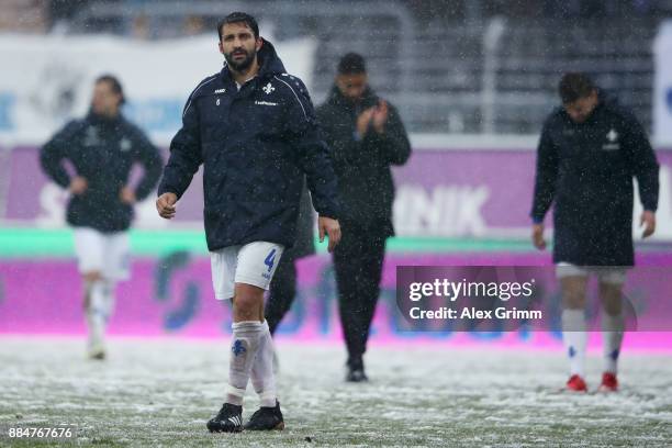 Aytac Sulu of Darmstadt reacts after the Second Bundesliga match between SV Darmstadt 98 and SSV Jahn Regensburg at Merck-Stadion am Boellenfalltor...