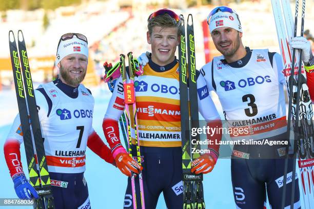 Johannes Hoesflot Klaebo of Norway takes 1st place, Martin Johnsrud Sundby of Norway takes 2nd place, Hans Christer Holund of Norway takes 3rd place...