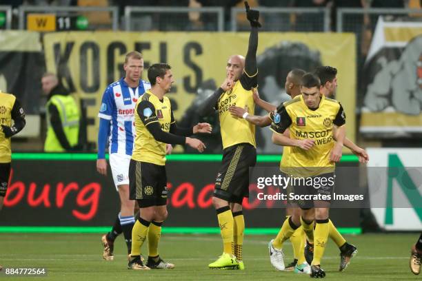 Dani Schahin of Roda JC celebrates 1-1 with Christian Kum of Roda JC, Mikhail Rosheuvel of Roda JC during the Dutch Eredivisie match between Roda JC...