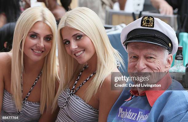 Playboy founder Hugh Hefner and girlfriends Kristina Shannon and Karissa Shannon attend the 31st annual Playboy Jazz Festival at the Hollywood Bowl...