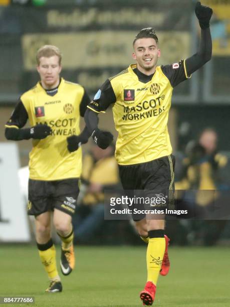 Livio Milts of Roda JC celebrates 2-1 during the Dutch Eredivisie match between Roda JC v SC Heerenveen at the Parkstad Limburg Stadium on December...