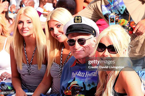 Playboy founder Hugh Hefner and girlfriends Kristina Shannon, Karissa Shannon and Crystal Harris attend the 31st annual Playboy Jazz Festival at the...