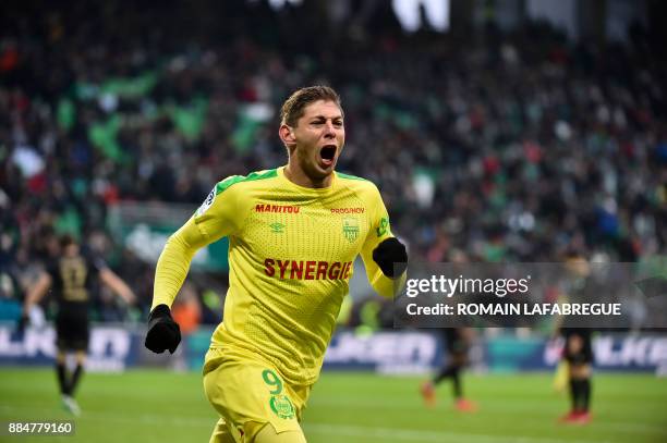 Nantes' Argentinian forward Emiliano Sala celebrates after scoring a goal during the French L1 football match between Saint-Etienne and Nantes on...