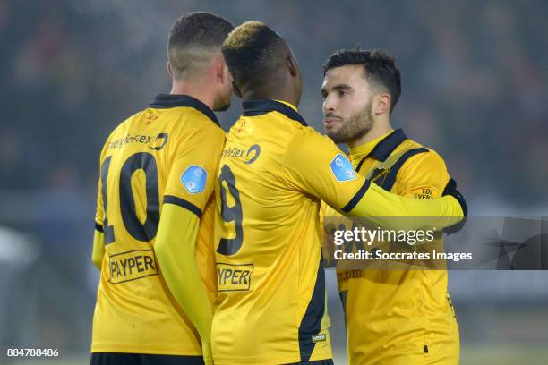 Thierry Ambrose of NAC Breda celebrates 1-0 with Rai Vloet of NAC Breda, Mounir El Allouchi of NAC Breda during the Dutch Eredivisie match between...