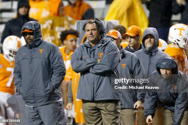 Interim head coach Brady Hoke of the Tennessee Volunteers looks on against the LSU Tigers at Neyland Stadium on November 18, 2017 in Knoxville,...