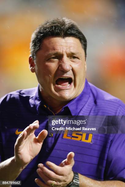 Head coach Ed Orgeron of the LSU Tigers looks on prior to the game agains the Tennessee Volunteers at Neyland Stadium on November 18, 2017 in...